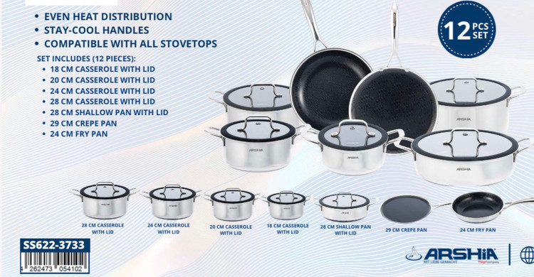 سرویس قابلمه ۱۲ پارچه استیل کف لیزری عرشیا مدل SS622-3733(